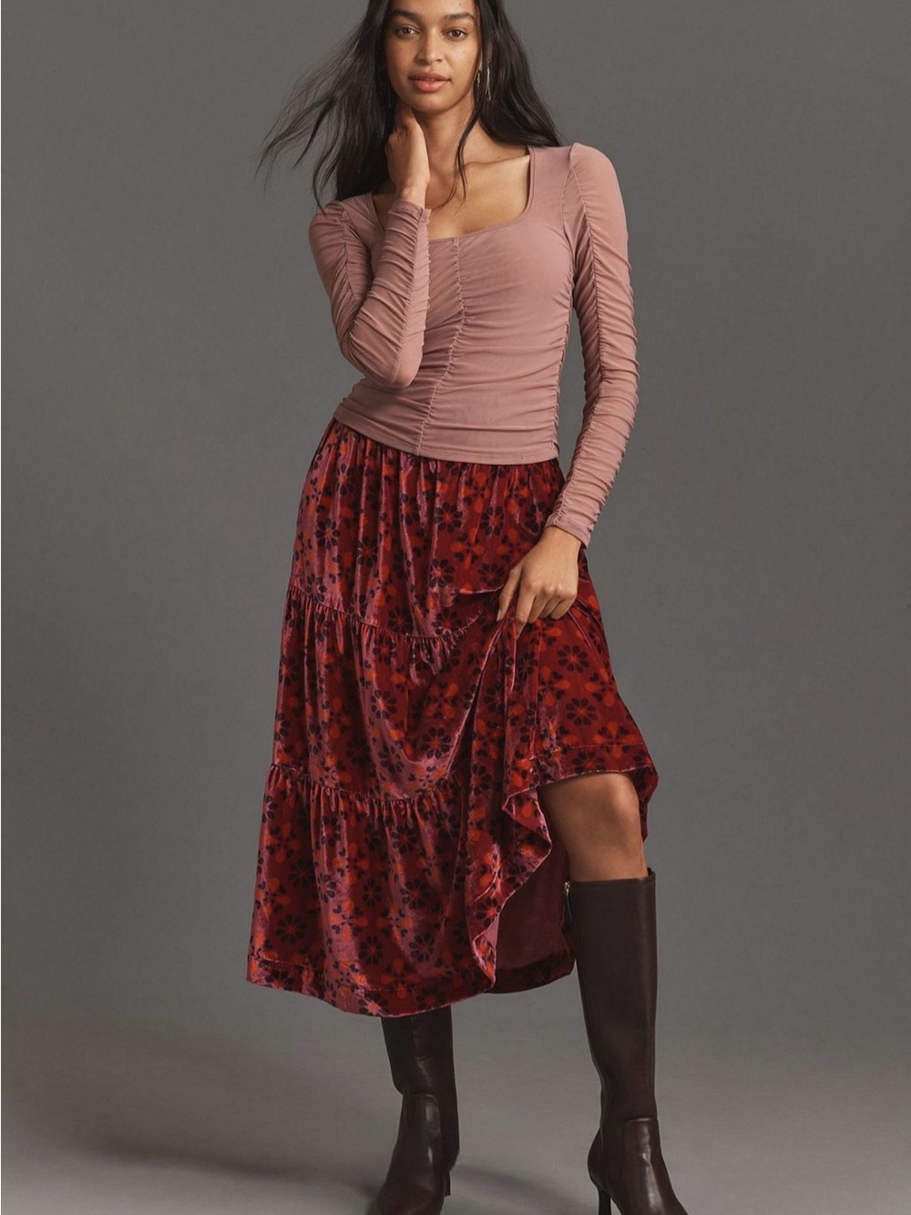 The Somerset Maxi Skirt Anthro Velvet Tiered Pink Multi Floral Pockets Small